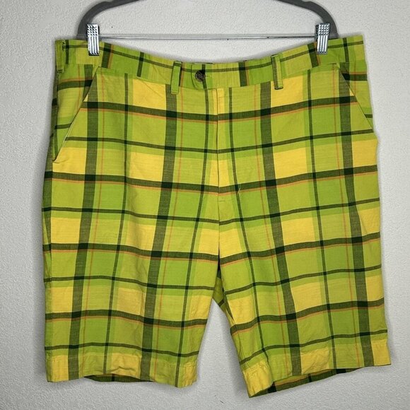 Loudmouth Shorts Mens 40 Green Yellow Plaid Golf Casual 100% Cotton Summer Fun - Picture 1 of 10